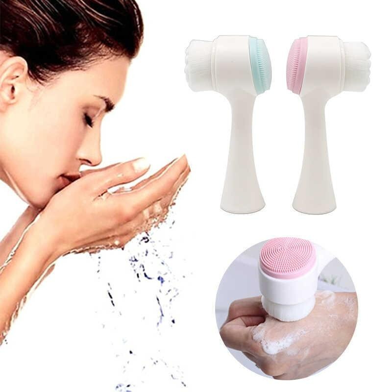 2-in-1 Double Sided Facial Brush with Handle - Soft Bristles & Silicone Massager (Blue & Pink)