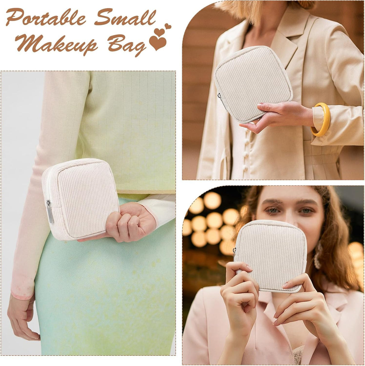 Mini Travel Makeup Bag with Metal Zipper & Inner Pocket - Corduroy Cosmetic Pouch