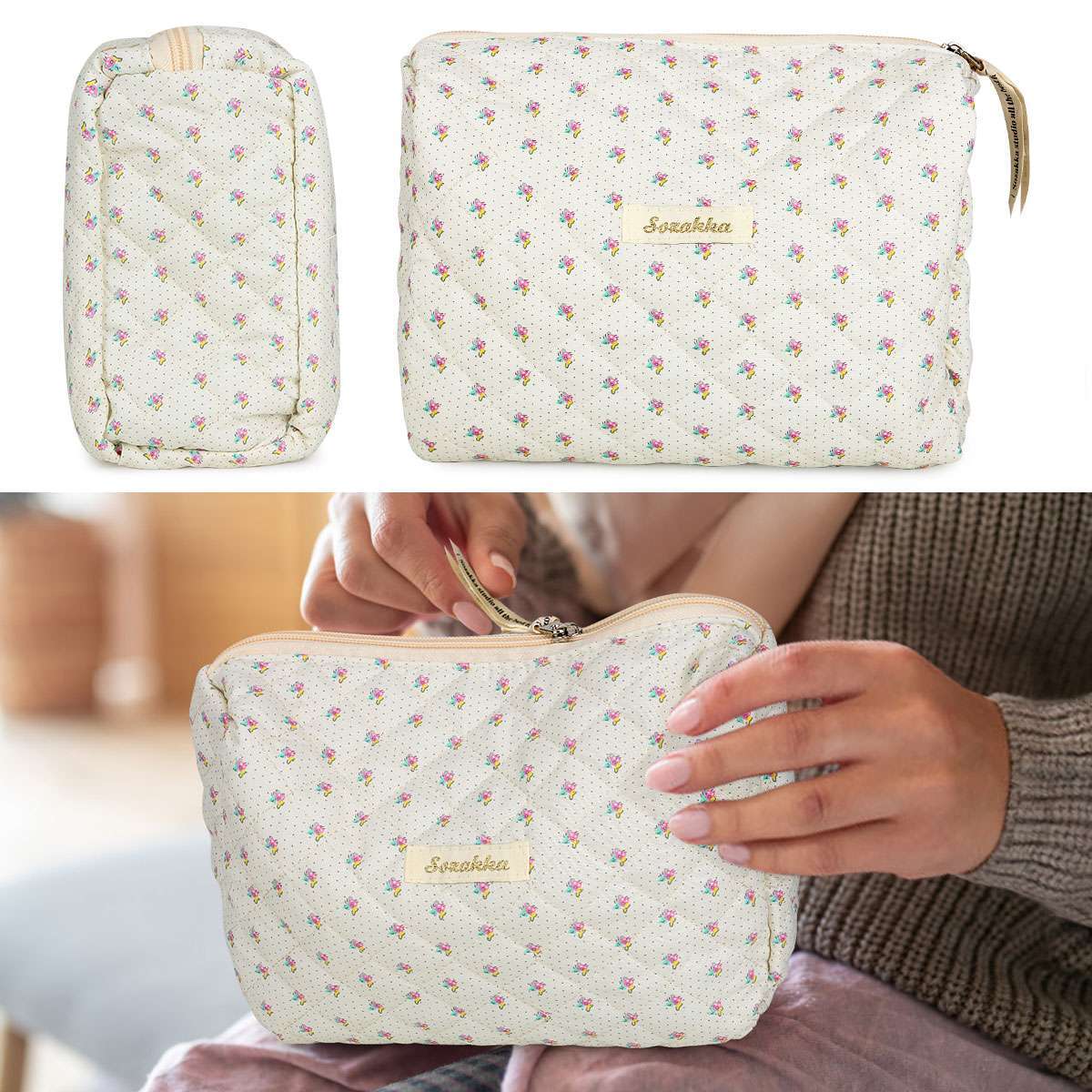 Elegant Travel Cosmetic Bag Organizer with Flower Pattern - Padded Toiletry Storage