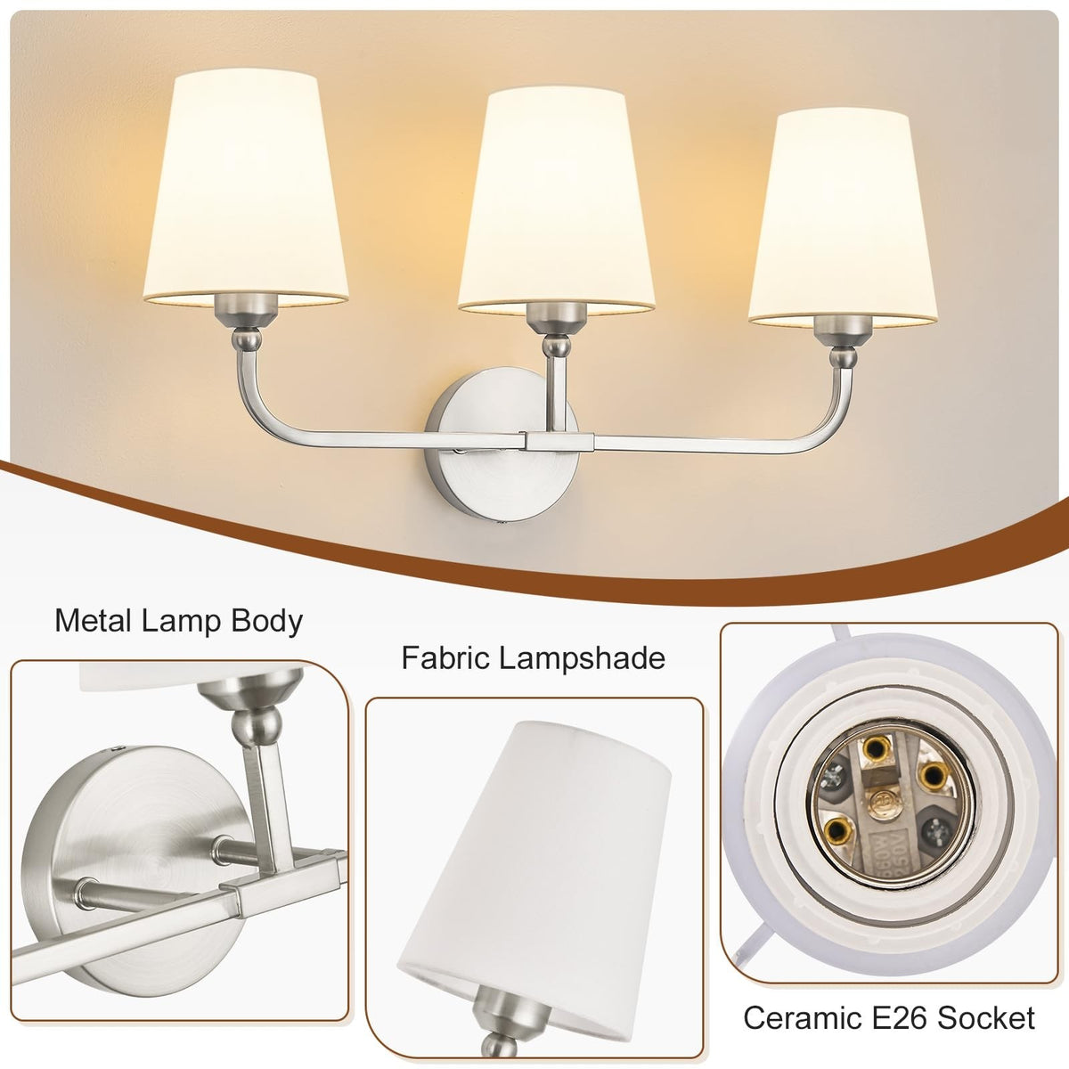 3-Light Brushed Nickel Bathroom Vanity Light Fixture with Fabric Shade