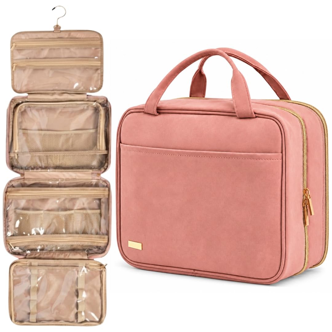 Medium Pink Travel Toiletry Bag with Hanging Organizer for Women