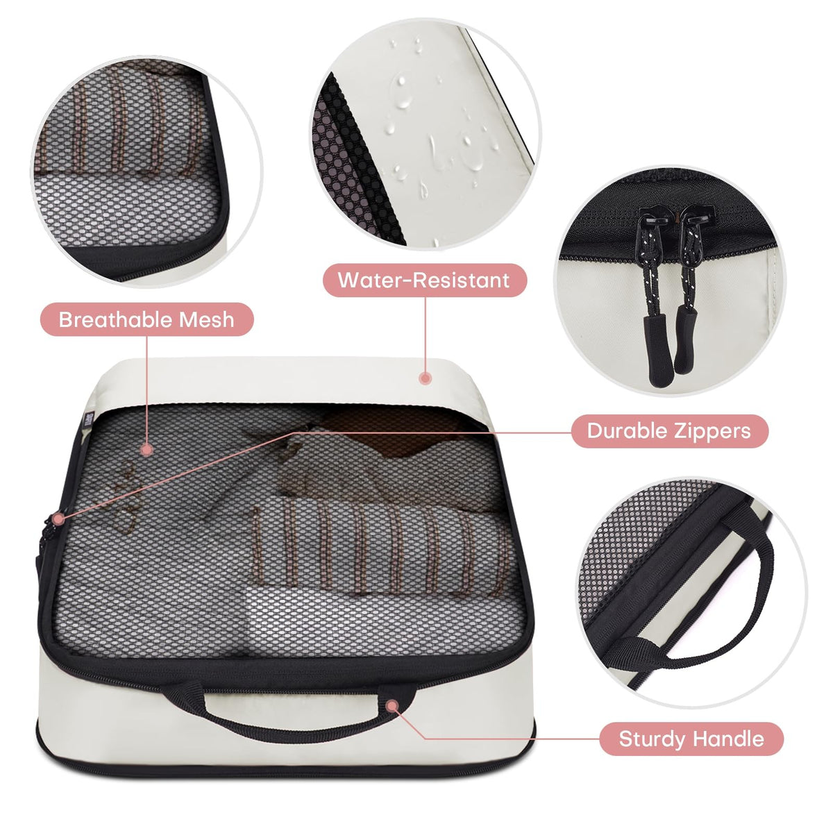 Travel Compression Packing Cubes Set - Lightweight Suitcase Organizers, Beige