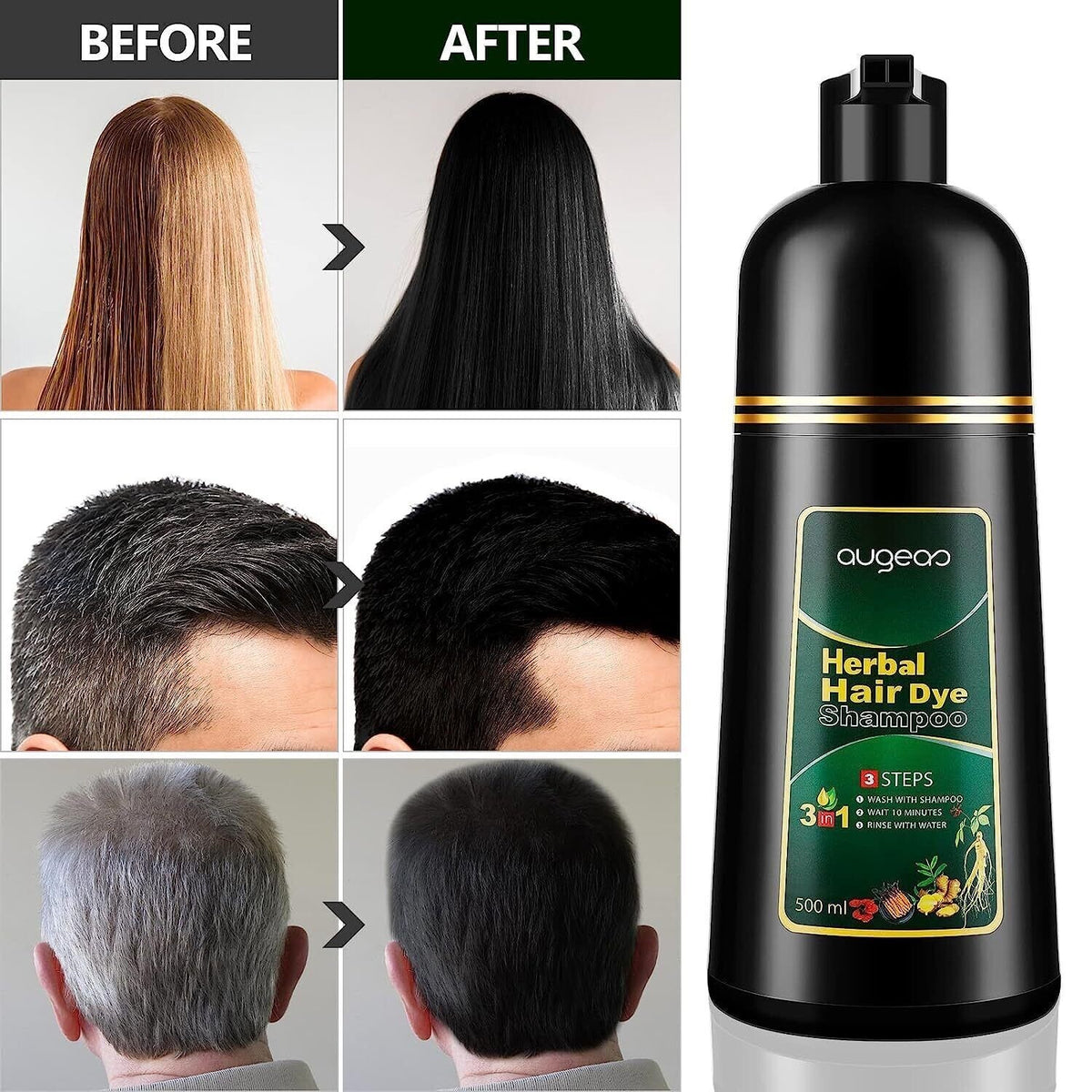 3-in-1 Hair Dye Shampoo 500ml - Multiple Shades