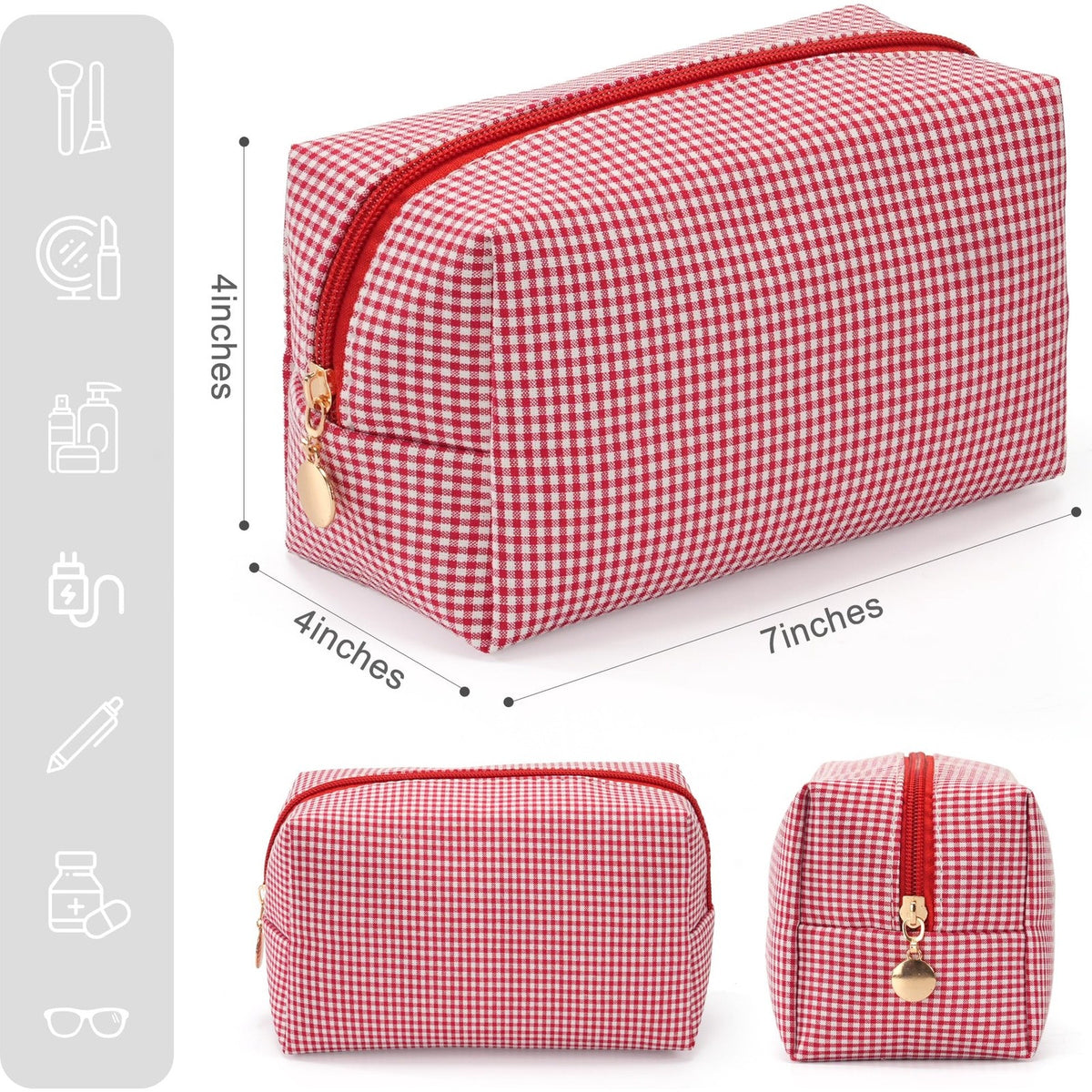 Red Gingham Makeup Bag Set - 4 Piece Cosmetic Organizer, Travel & Gift