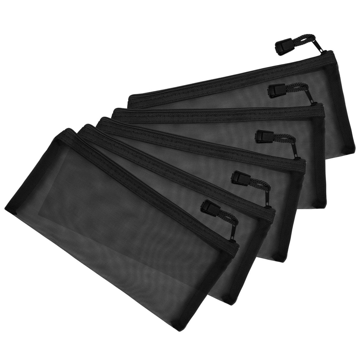 5 Pack Mesh Cosmetic & Travel Organizer Bags with Zipper - Black, Compact