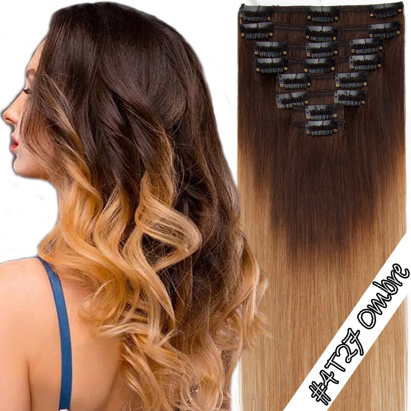 Clip-In Hair Extensions Full Head Set - 100% Remy Human Hair, Straight, Thick, Multiple Colors & Lengths