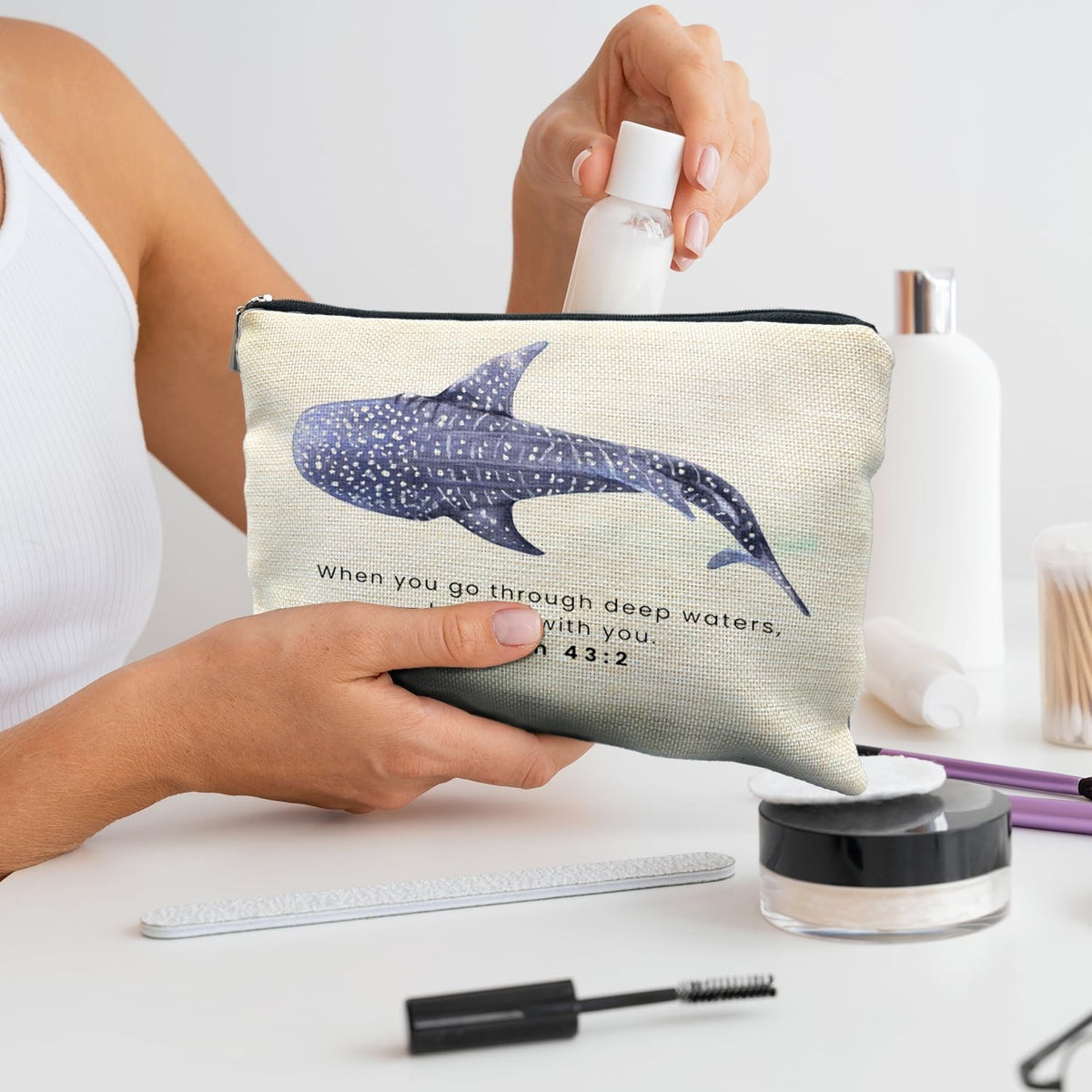 Christian Makeup Bag Pouch Waterproof Linen Travel Organizer - Whale Shark Design