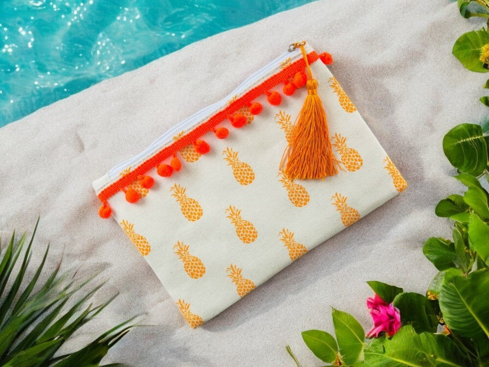 Orange Pineapple Canvas Pouch Bag - Carry All with Tassel, Makeup & Travel