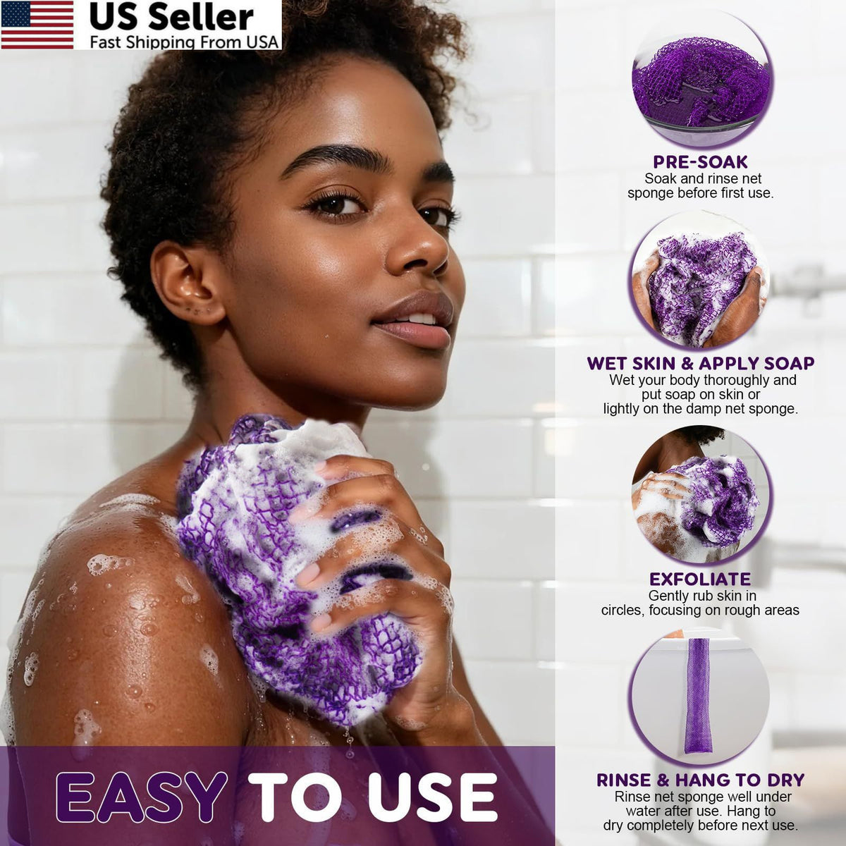 African Net Sponge for Exfoliation & Back Scrubbing - 3 Pack, Purple, Blue & Pink