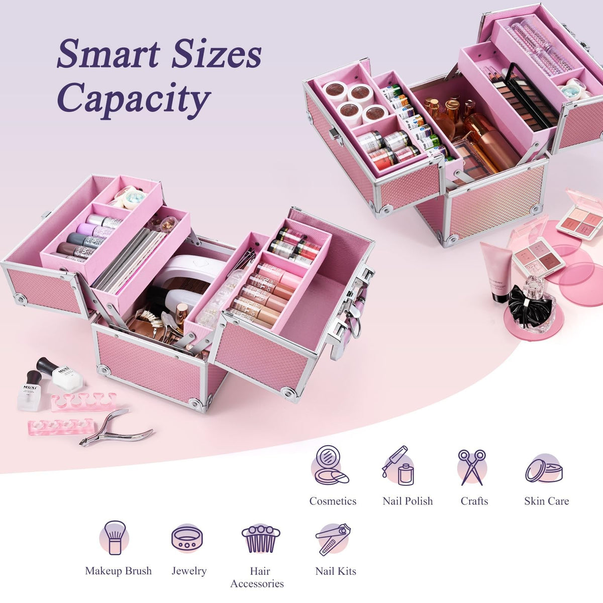 Travel Makeup Case Organizer with Lockable 4-Tier Trays - Mermaid Pink