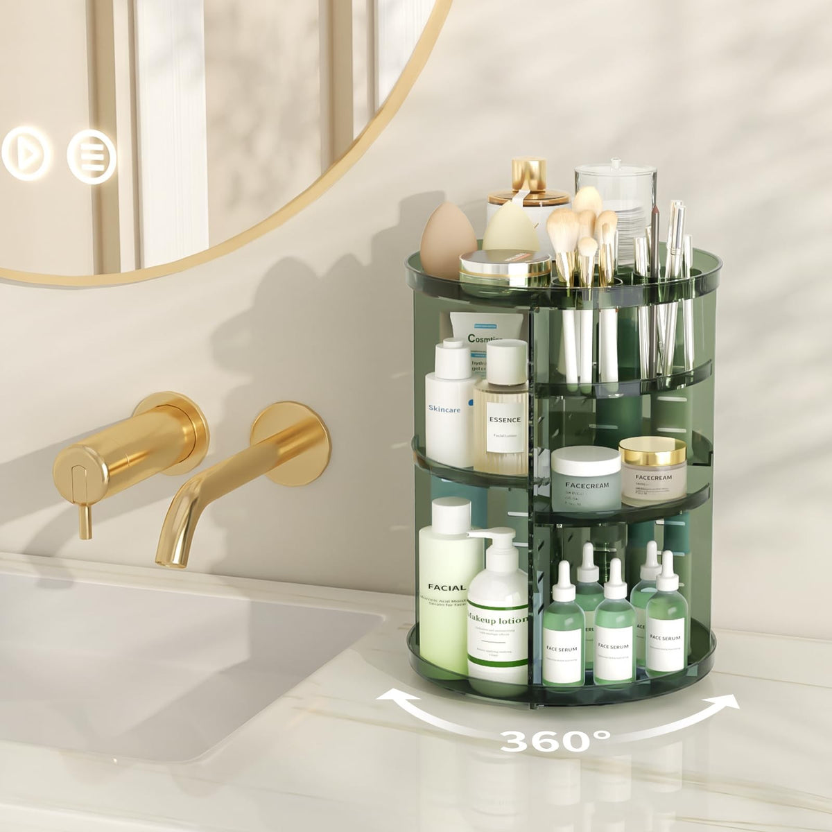 Rotating Makeup Organizer with Adjustable Layers - Clear Green, 360° Silent Spin