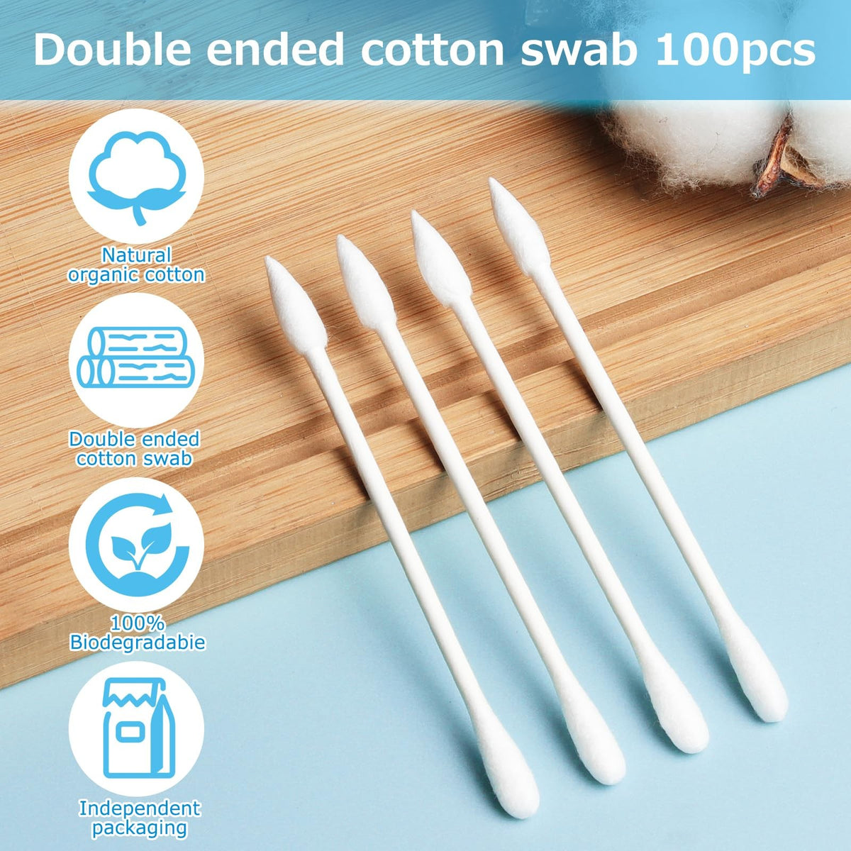100 Pack Organic Biodegradable Cotton Swabs - Individually Wrapped for Personal & Travel Use