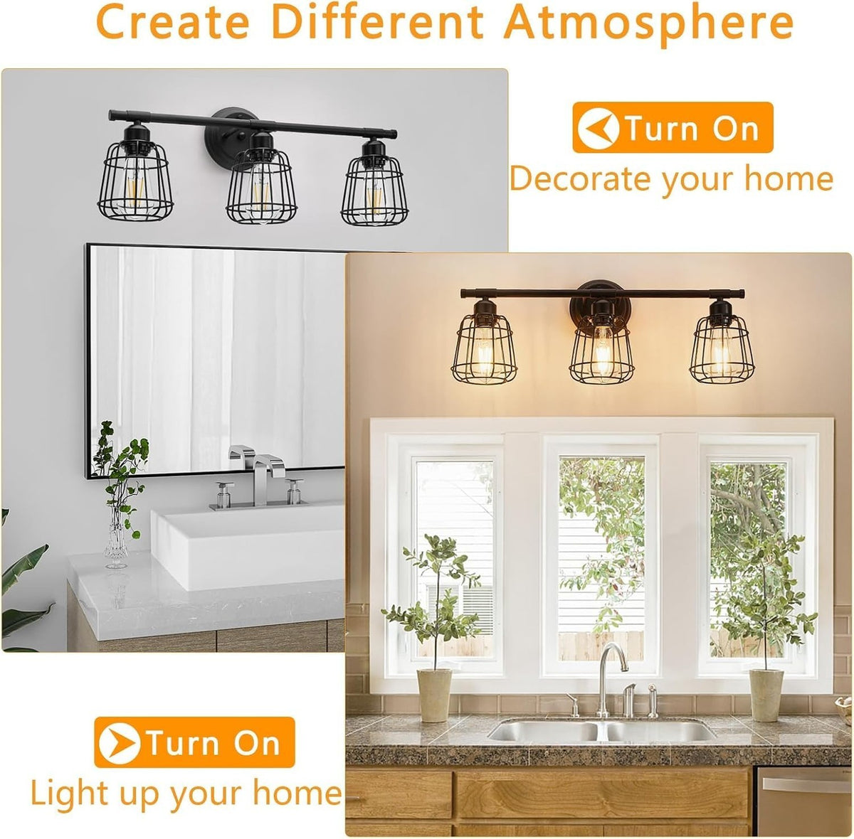 3-Light Matte Black Bathroom Vanity Light Fixture with Cage - Farmhouse Wall Sconce