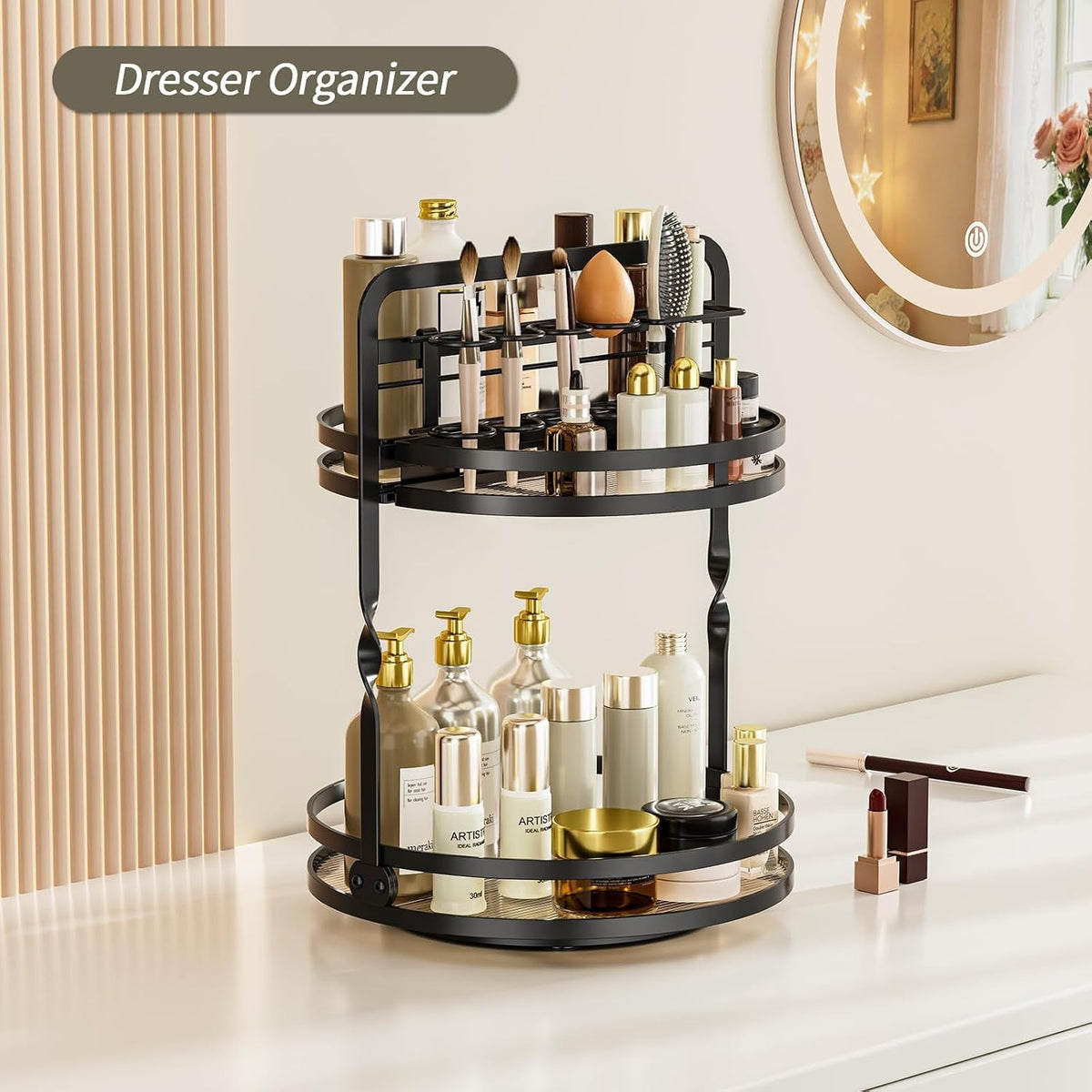 Rotating Makeup Organizer with 2 Tiers for Vanity and Bathroom Storage