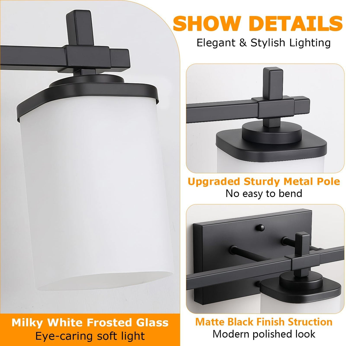 Modern Black Vanity Light Fixture with White Frosted Glass Shades - Bathroom Wall Mount, 3 Lights