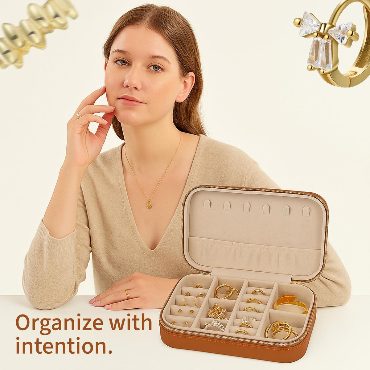Travel Jewelry Organizer Case for Women - Small Tan PU Leather Jewelry Box