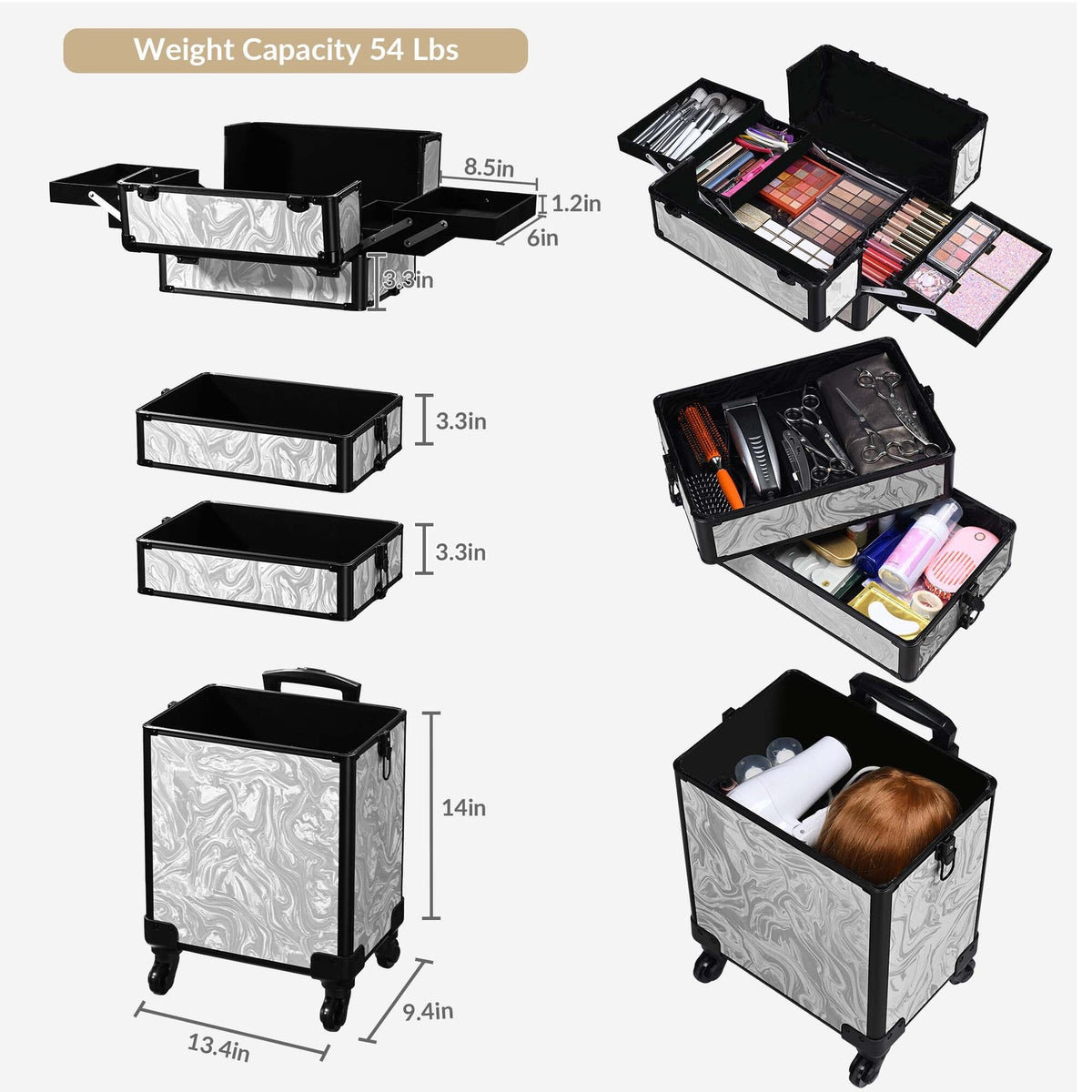 4-in-1 Rolling Makeup Train Case with Lockable Latches and Wheels - Graystone
