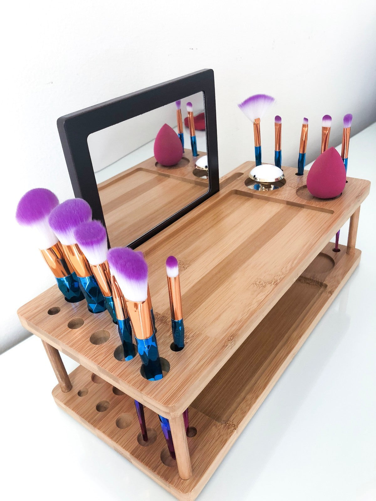 Makeup Vanity Tray with Mirror and Wooden Organizer - Eco-Friendly Bamboo