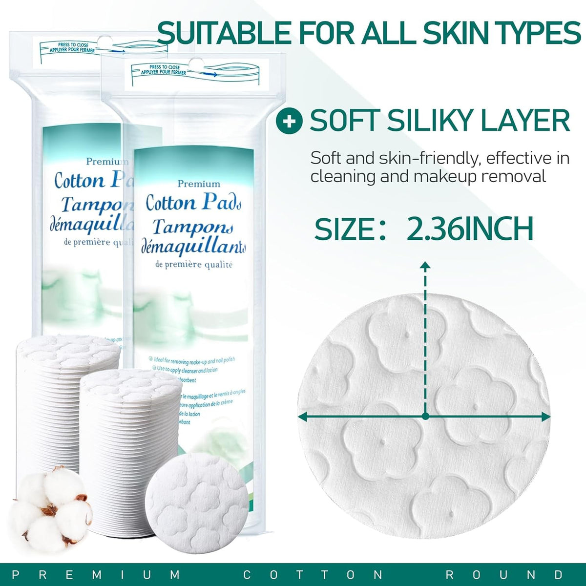 Premium Cotton Rounds for Face - 300 Count, 2.36 Inch Diameter, Hypoallergenic & Biodegradable