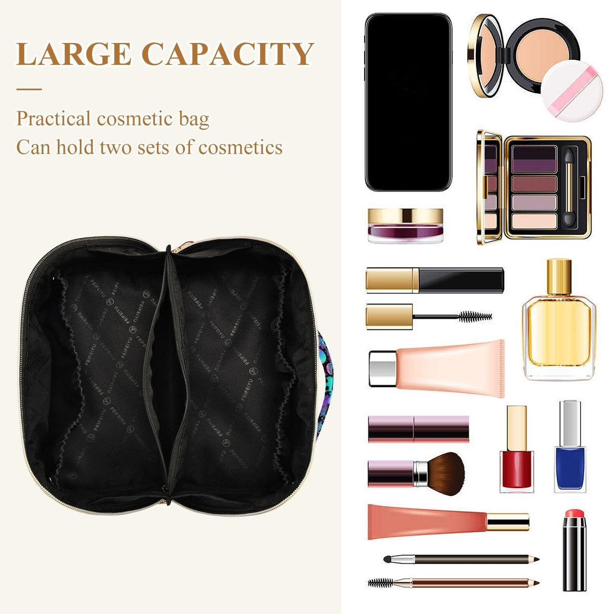Large Capacity Travel Makeup Organizer Bag with Skulls Pattern