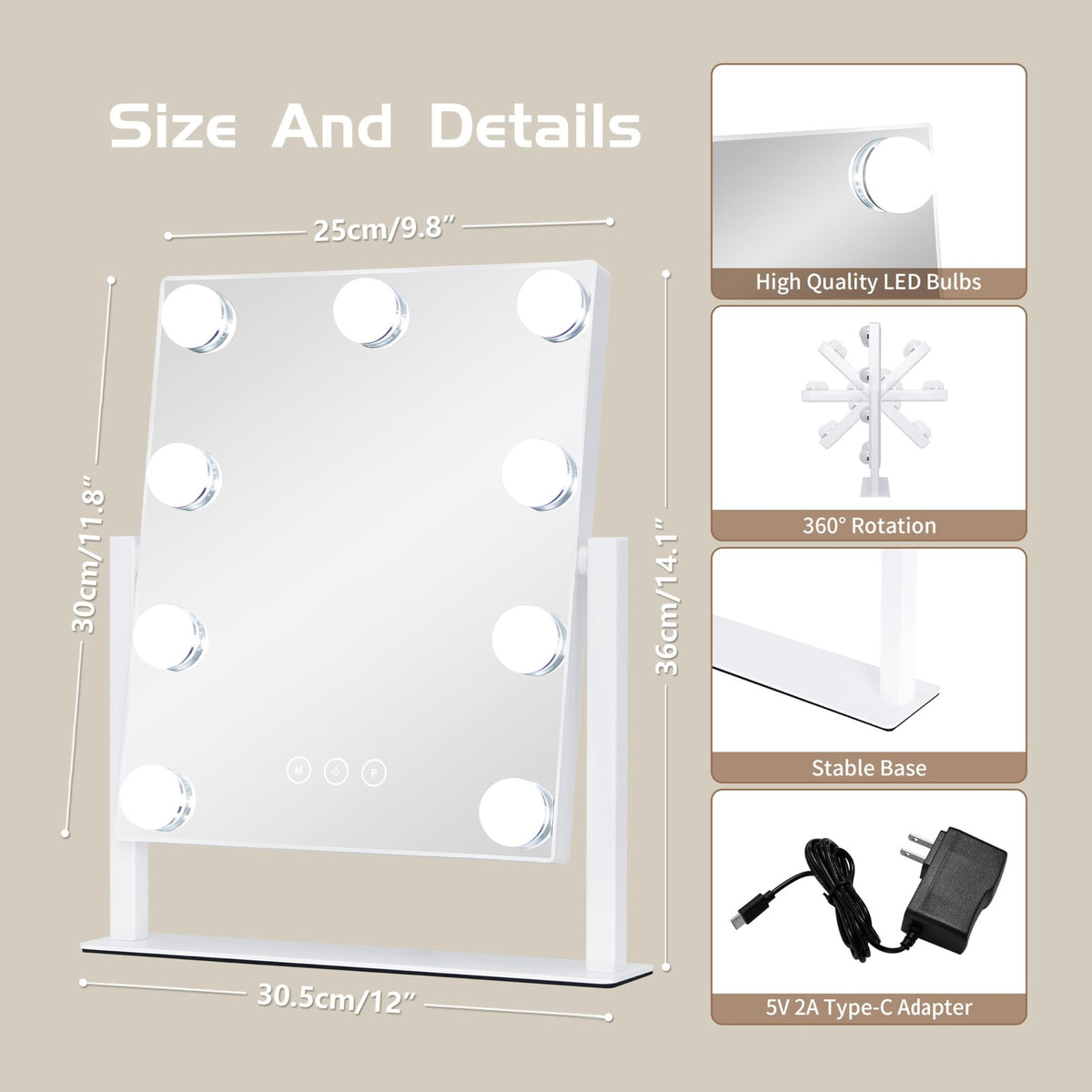 Lighted Makeup Vanity Mirror with Adjustable Brightness & 10X Magnifier - White, 12x14.4 Inches
