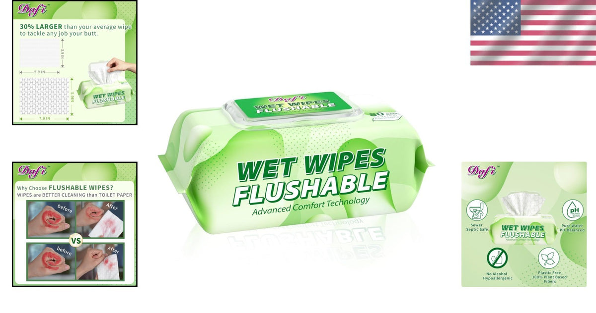 Adult Flushable Wipes 80 Count - Eco-Friendly, Hypoallergenic & Extra Large