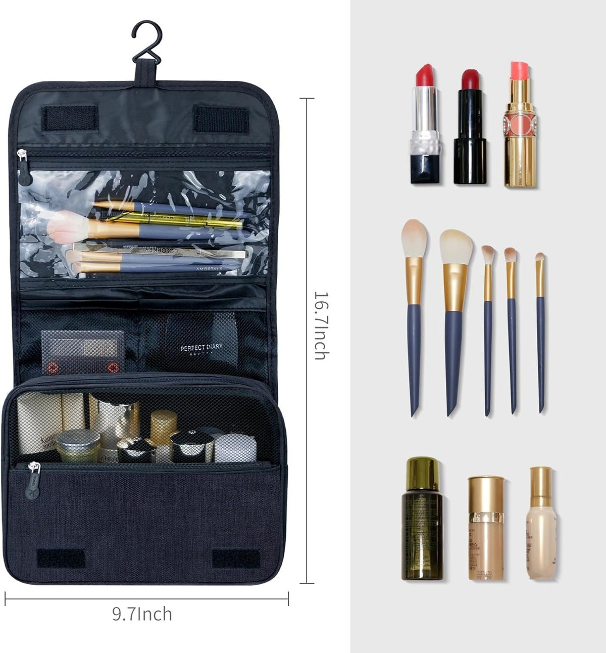 Large Capacity Toiletry Bag with Brushes Set Water-Resistant Travel Organizer