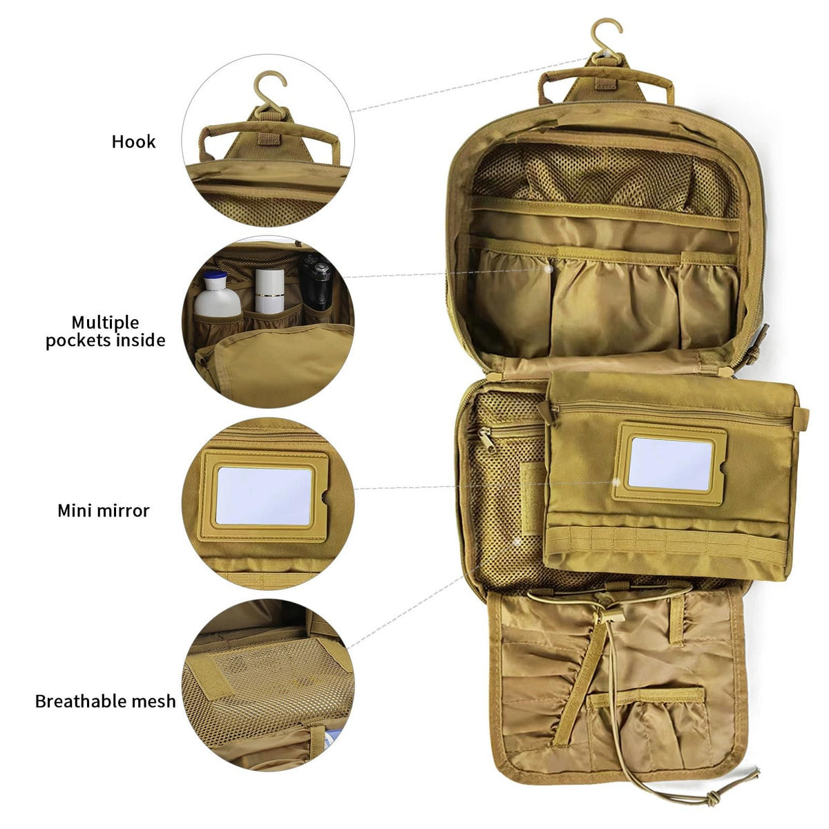 Men's Travel Toiletry Bag Hanging Organizer with Multiple Compartments - Khaki