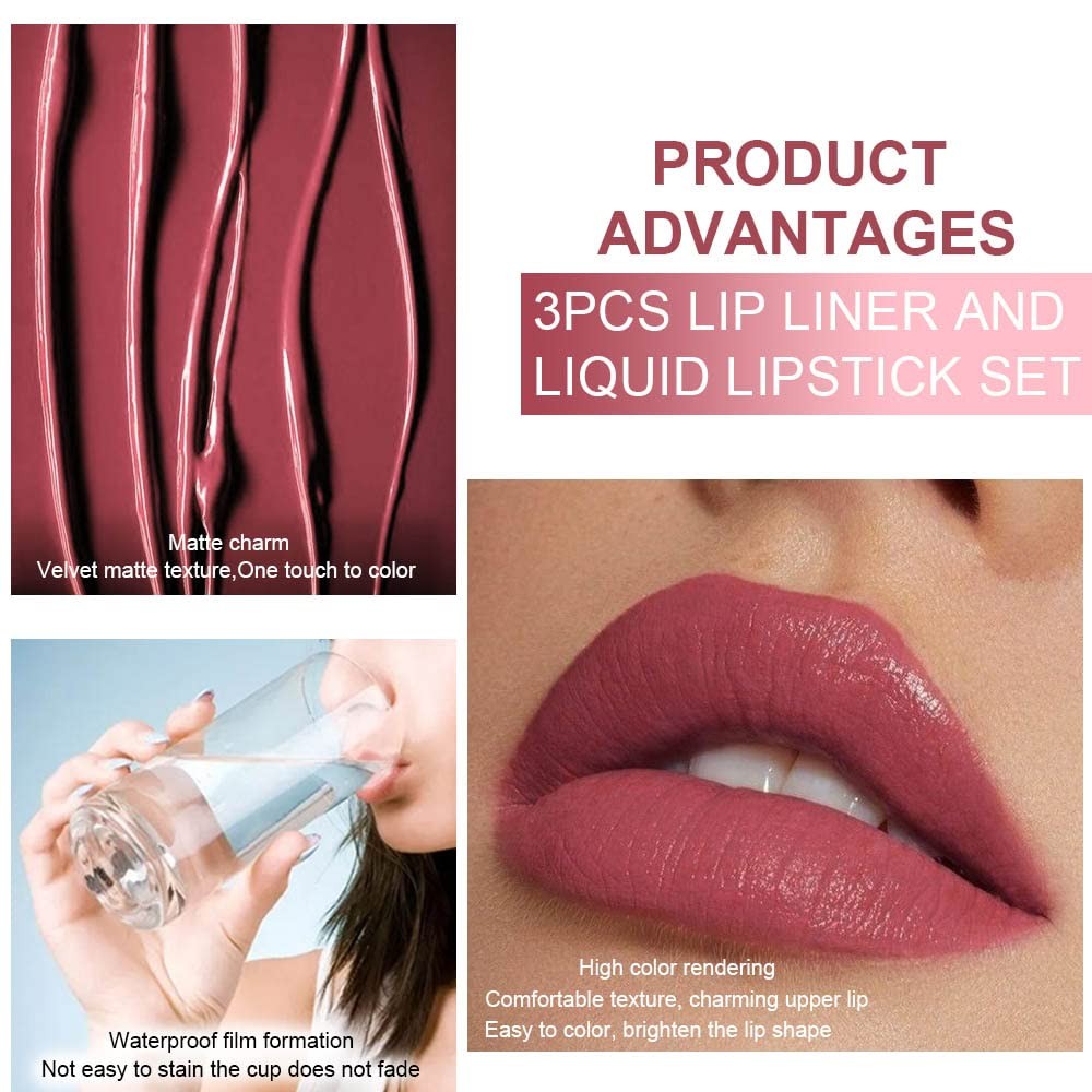 Long Lasting Matte Liquid Lipstick & Lip Liner Set - 3 Colors