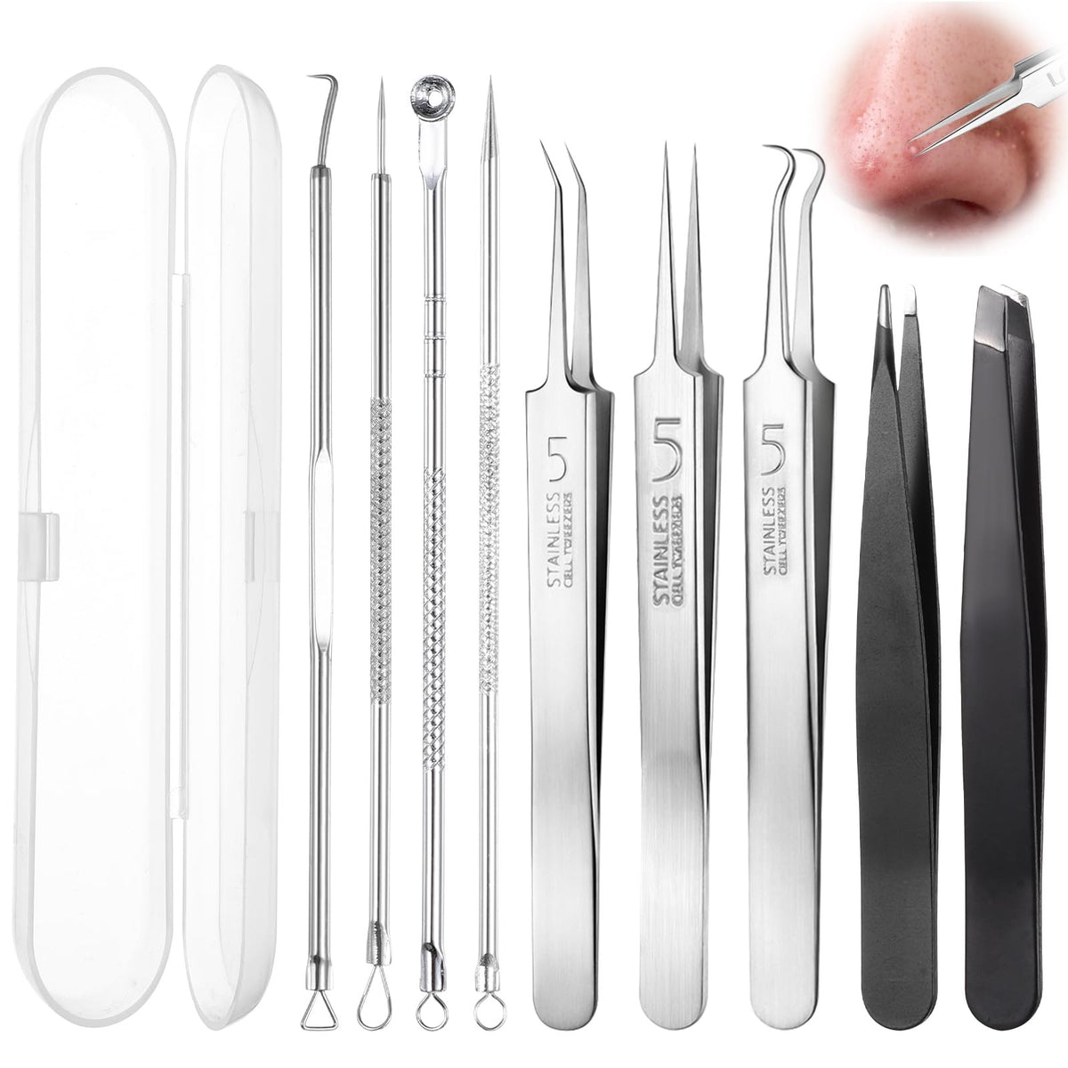 Professional Blackhead Removal Tool Kit - 9 Stainless Steel Pimple Extractors