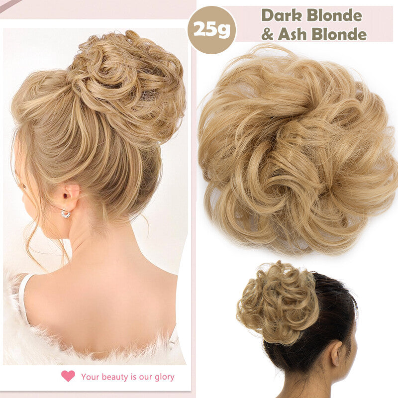 Natural Human Hair Messy Bun Ponytail Extensions with Curly Scrunchie Updo