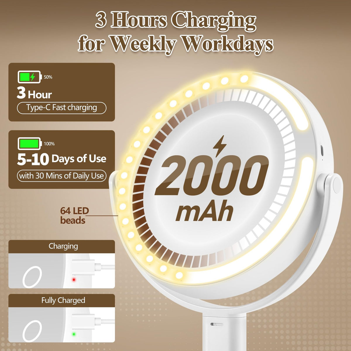 Rechargeable LED Lighted Makeup Mirror with 20X Magnification and 3 Color Settings