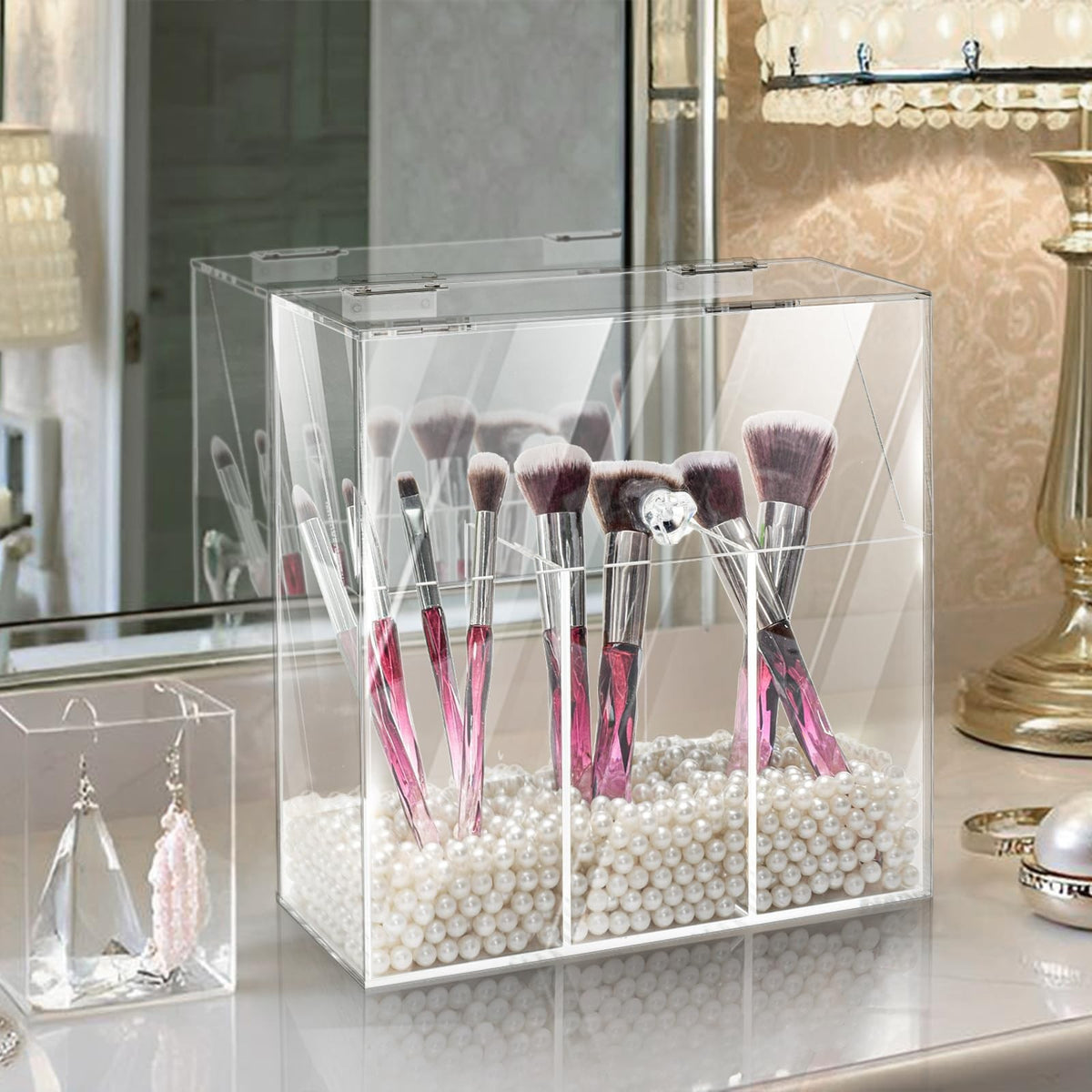 Acrylic Makeup Brush Holder with Dustproof Lid & White Pearls, Large Organizer