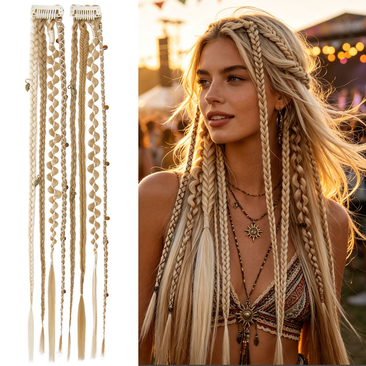 Boho Clip-In Dreadlocks Hair Extensions with Beads & Charms - Festival Style