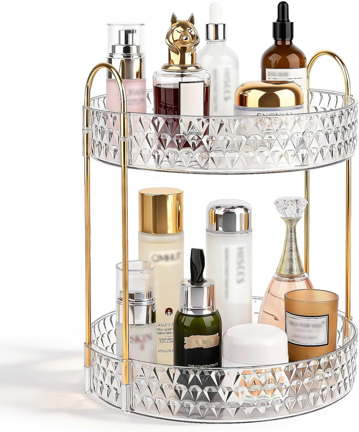 Large Capacity Rotating Makeup Organizer with 2 Tiers and Acrylic Finish