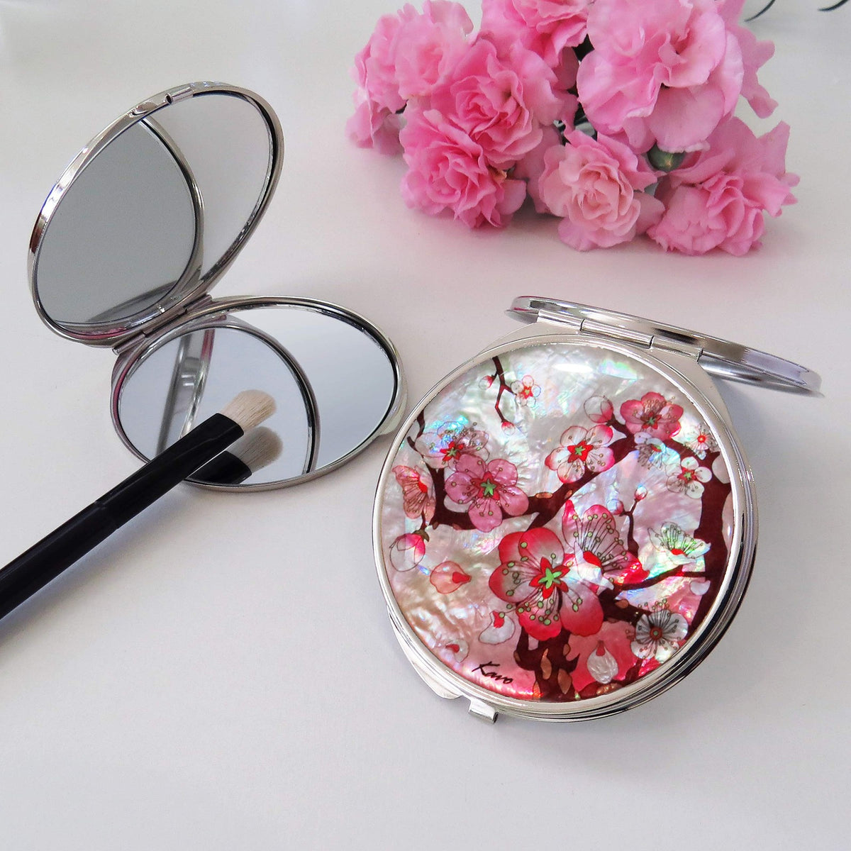 Pink Compact Folding Makeup Mirror with Magnification and Apricot Tree Flower Design