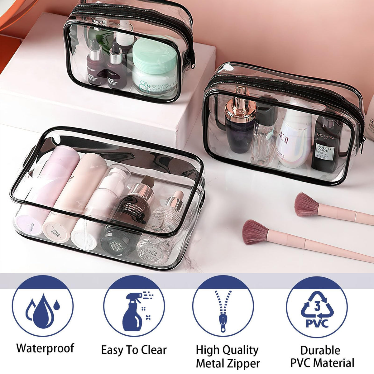 Clear TSA Approved Travel Cosmetic Bag Set - Waterproof PVC Organizer, 6 Pieces