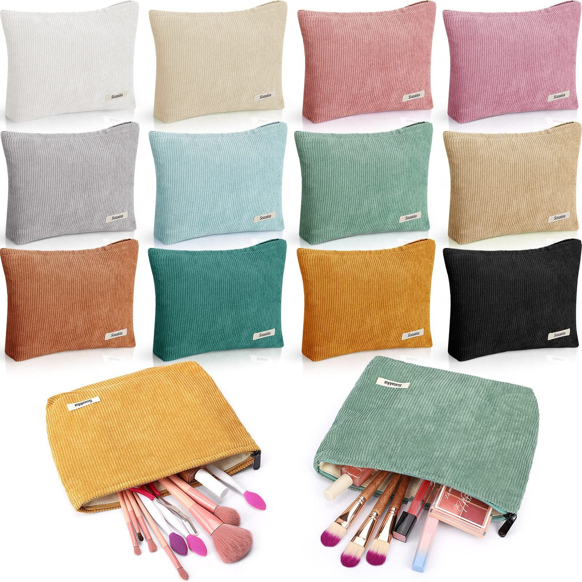 Large Corduroy Makeup Bag Set - 12 Color Travel Cosmetic Pouches 10x7 Inches