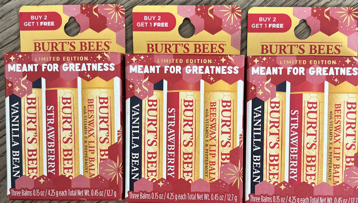Burt's Bees 3-Pack Lip Balm Set - Vanilla Bean, Strawberry & Beeswax 0.15 Oz
