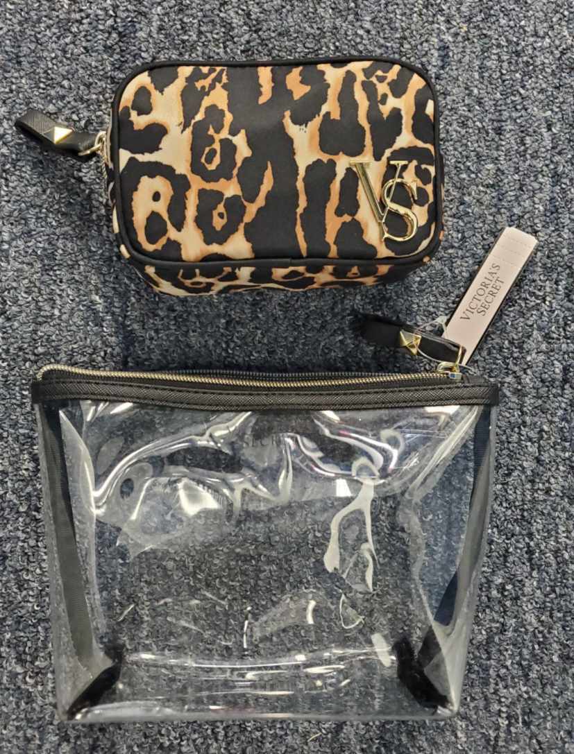 Victoria's Secret Leopard Travel Cosmetic Bag & Clear Makeup Pouch Set