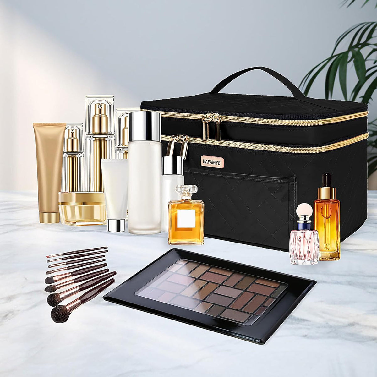 Large Travel Makeup Bag with Double Layer Design, 8.8L Capacity for Women