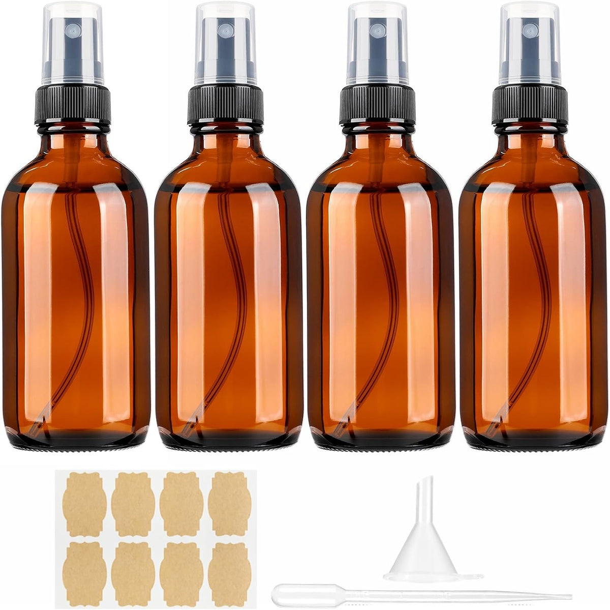 4oz Amber Glass Spray Bottles Set of 4 – Empty Mist Sprayers with Nozzles, Funnels & Labels