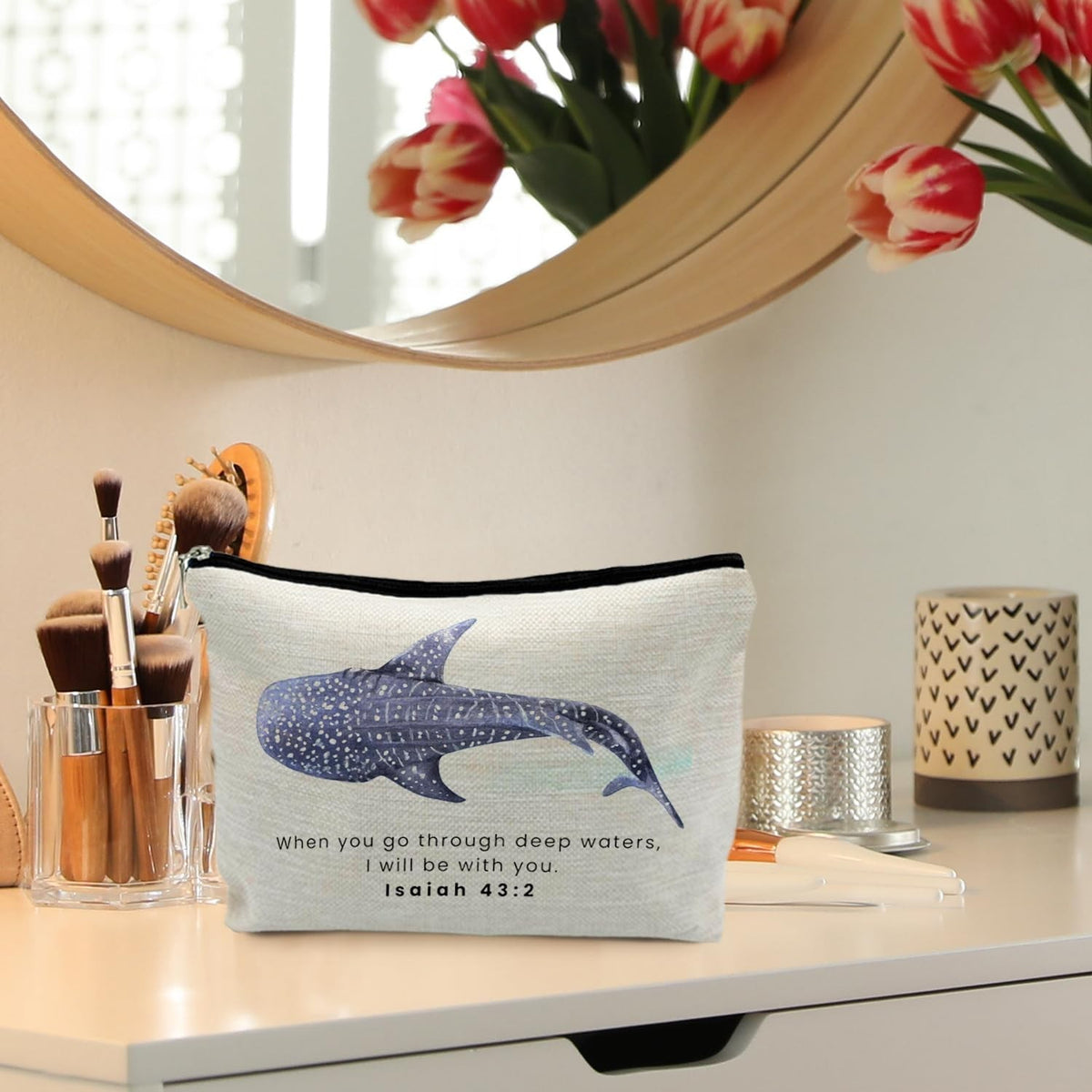 Christian Makeup Bag Pouch Waterproof Linen Travel Organizer - Whale Shark Design