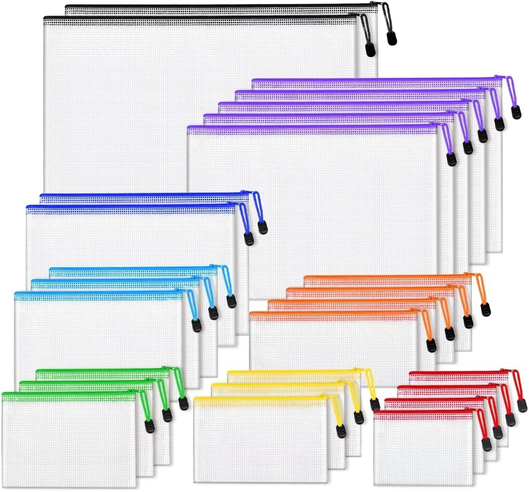 26pcs Mesh Zipper Pouch Bags Set - Waterproof Clear Storage Bags for Office Travel