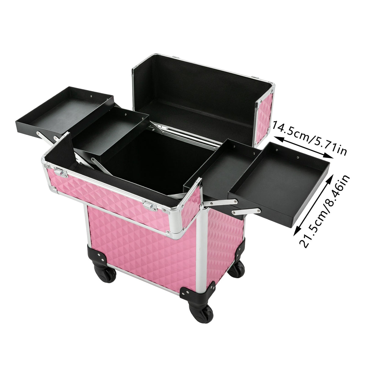 Large Multi-Tier Makeup and Nail Storage Case with Wheels, Pink