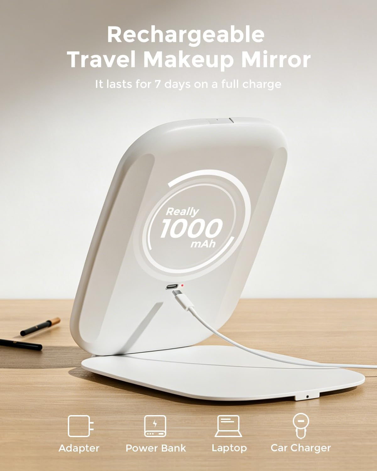 Rechargeable LED Travel Makeup Mirror 7x5 Inch with Bright Light