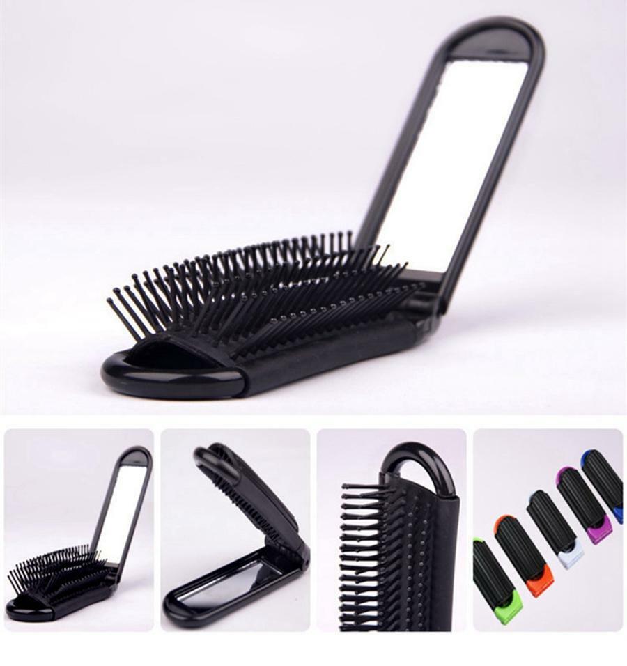 Portable Folding Hair Brush with Mirror Travel Comb Compact Hair Styling Tool
