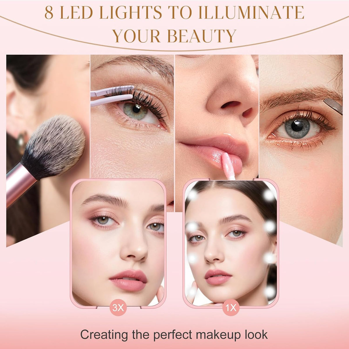 LED Pocket Mirror with 1X/3X Magnification & Bright Lights, Compact Travel Makeup Mirror