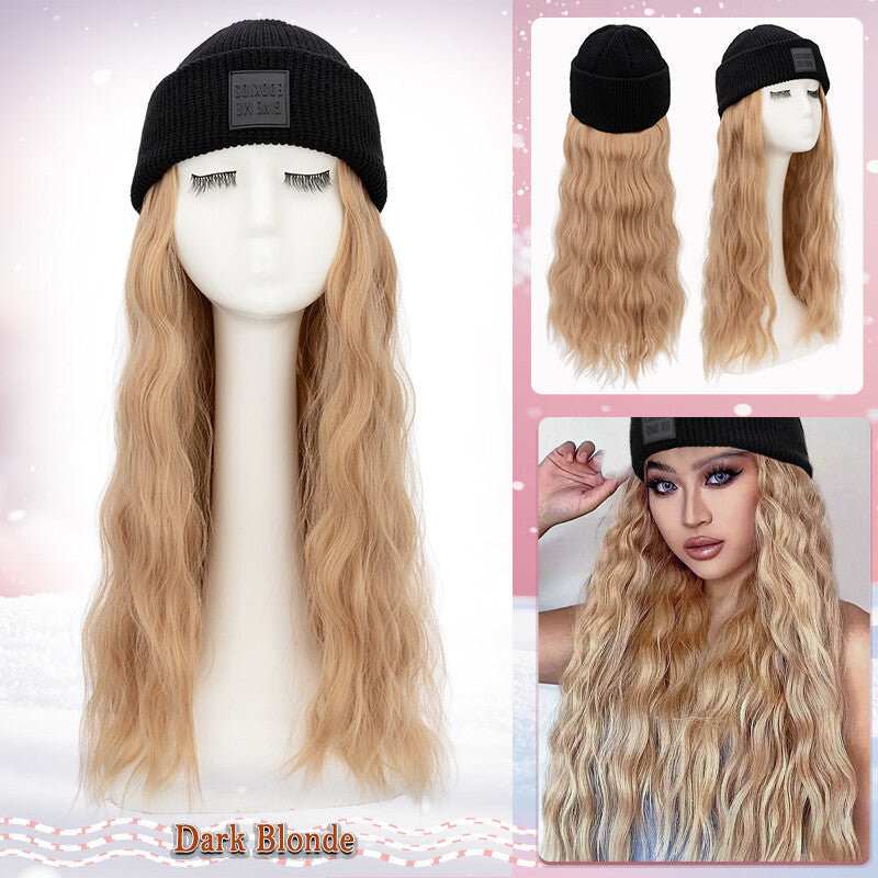 Unisex Wavy Long Hair Beret Cap with Synthetic Hair - Casual Hat Wig