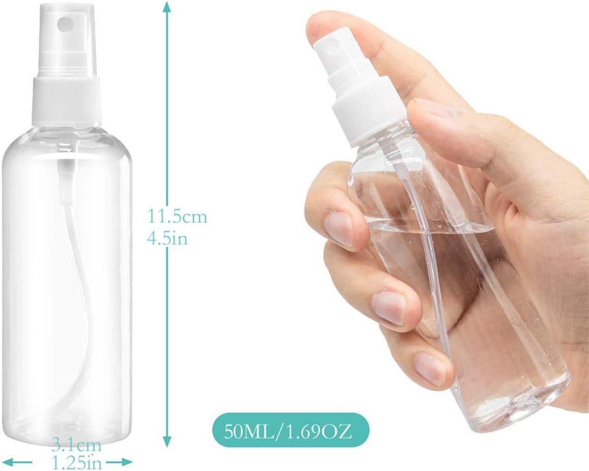 50ml Reusable Travel Spray Bottles Set with Labels - Fine Mist, Portable